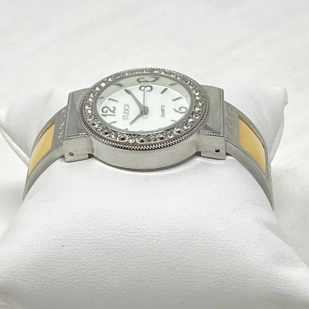 Studio Time Watch Women 32mm Silver Tone Yellow MOP Inlay Cuff Bling New Battery